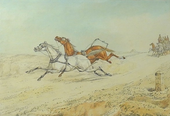 Henry Alken (1784-1851), pencil and watercolour, 'Runaway horses, mail coach', 16 x 23cm. Condition - fair to good